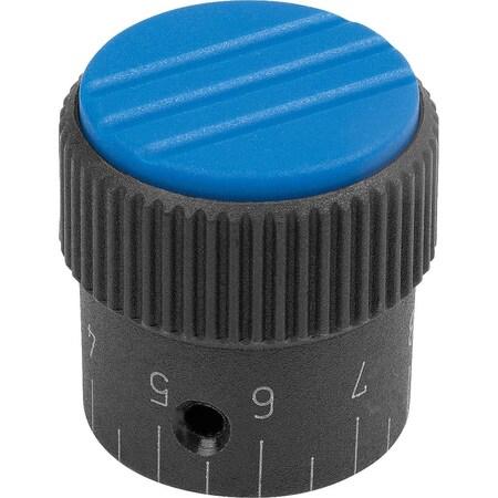 Kipp Knurled Knob W.Scale Size:3, D1=34, H=36, D=8, Form:C, Thermoplastic Black Ral7021, Cap:Blue Ral5017 K0248.33083